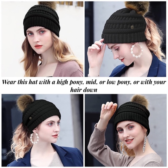 Black Knit Criss Cross Ponytail Pom Pom Beanie - Picture 3 of 15